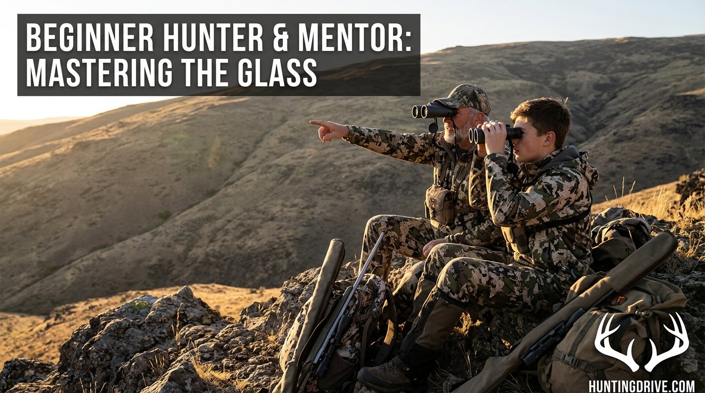 Beginner hunter and mentor glassing a hillside together