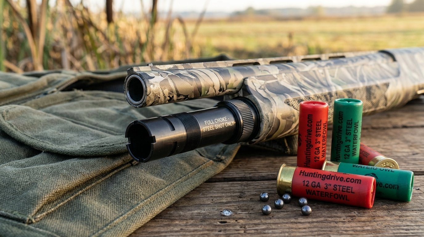 Close-up of a shotgun muzzle with a screw-in choke tube beside steel shotshells