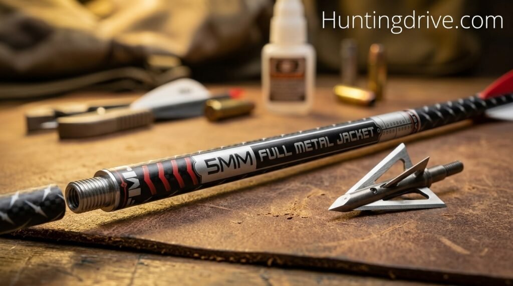 Close view of a premium hunting arrow shaft ready for broadhead installation