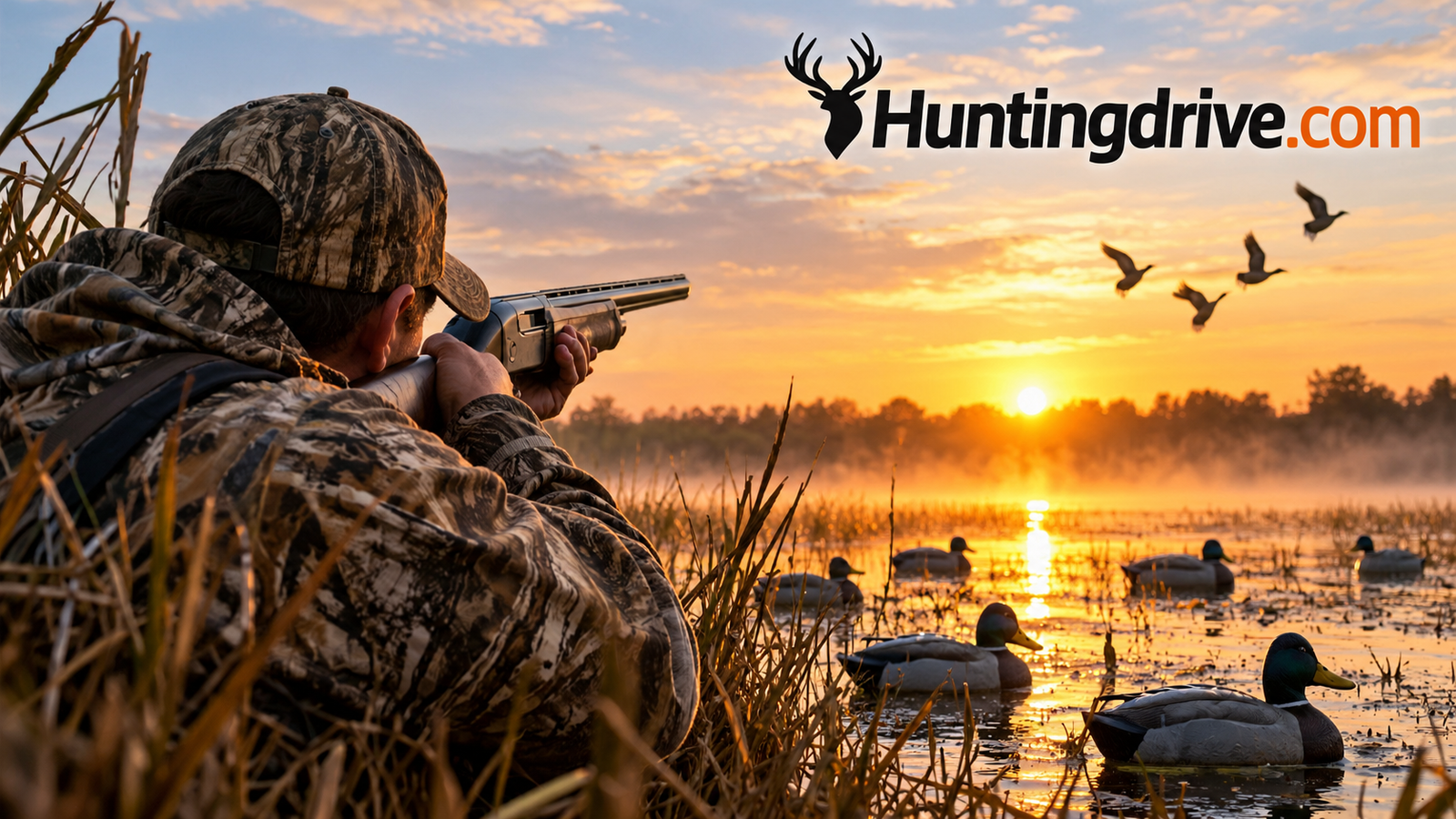 Duck hunter shouldering a shotgun over decoys at sunrise in a marsh