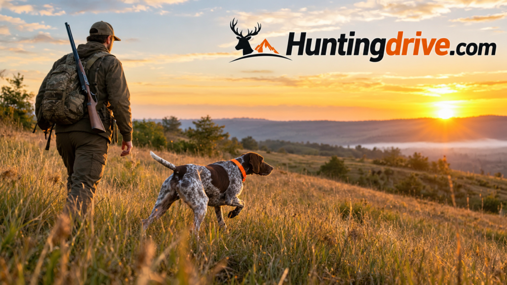 Hunter and pointing dog walking a grassy upland field at sunrise