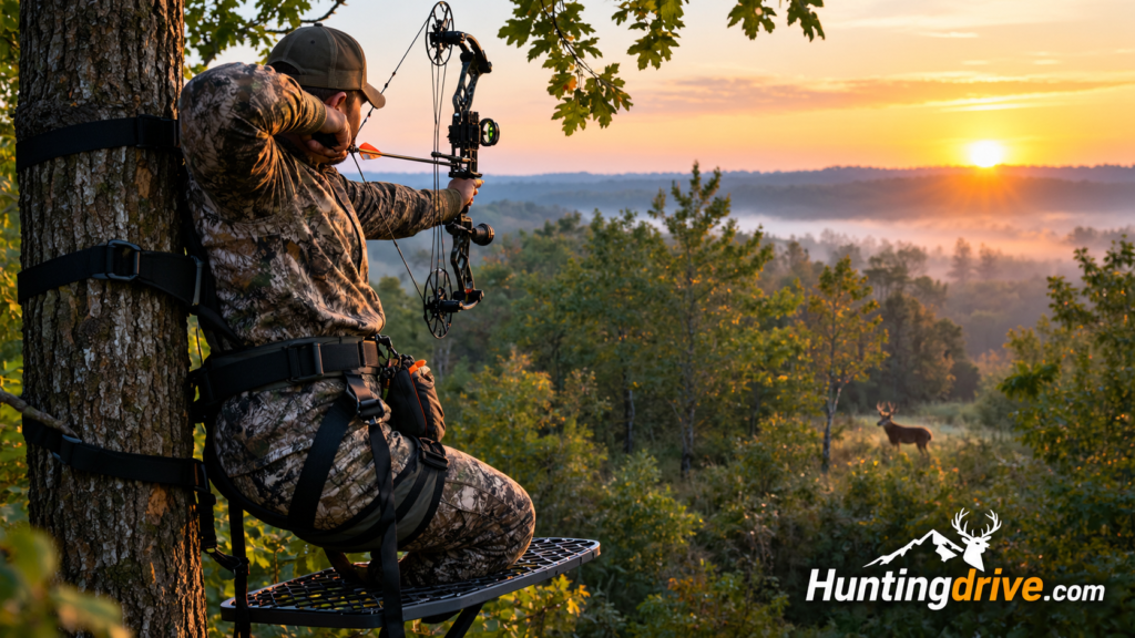 Hunter in a tree saddle attached to a trunk, hunting from a small platform in the early morning