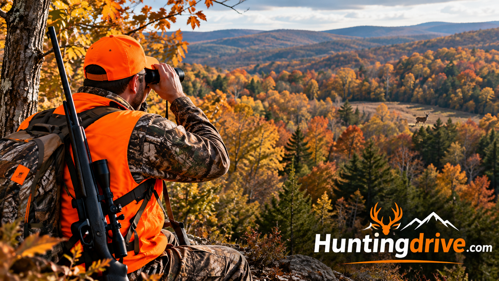 Hunter in blaze orange glassing a wooded hillside during the fall deer season