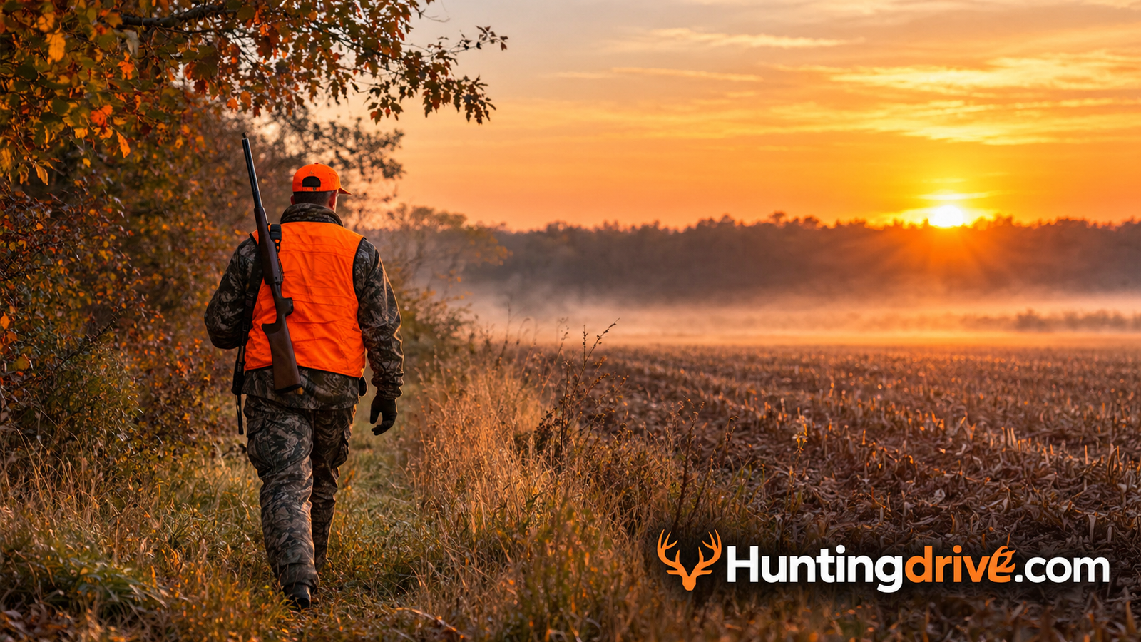 Hunter in blaze orange walking a field edge at sunrise