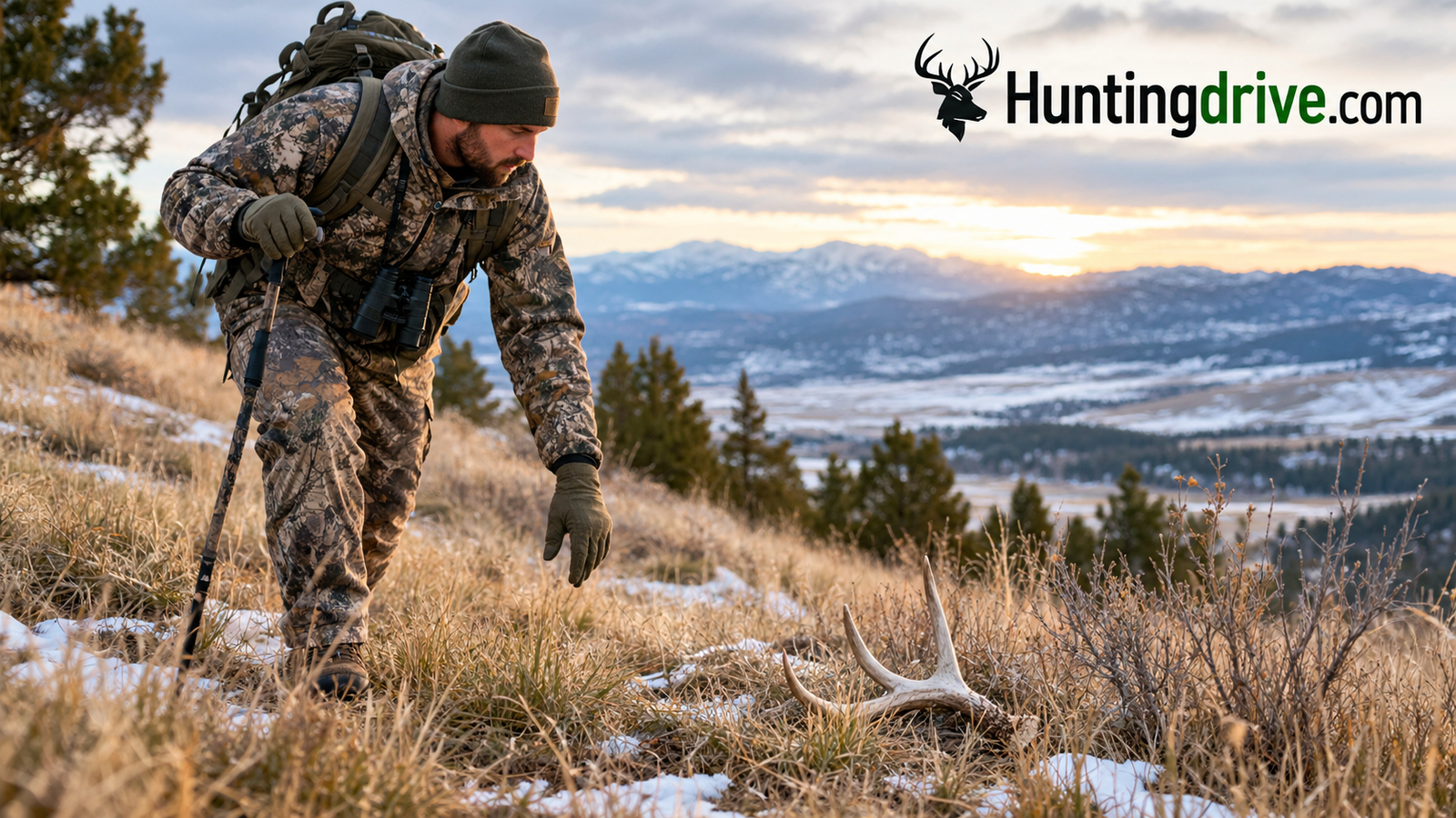 Hunter walking a grassy hillside in late winter searching for a fallen deer antler