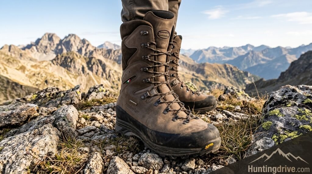 Lightweight leather hunting boot standing on rugged backcountry terrain