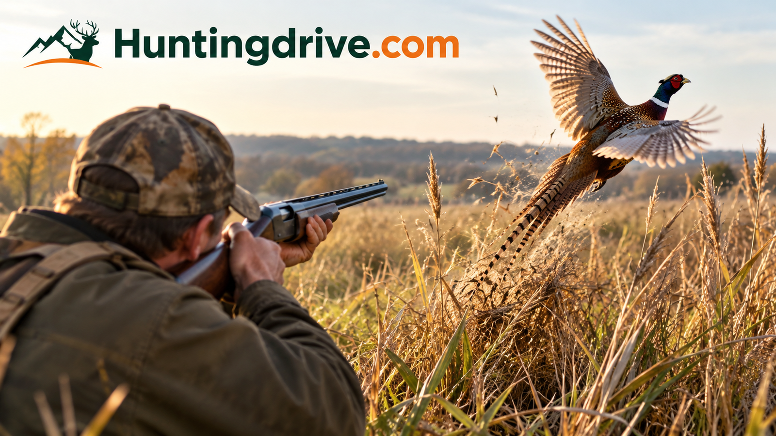 Pheasant flushing from tall grass as a hunter raises a shotgun
