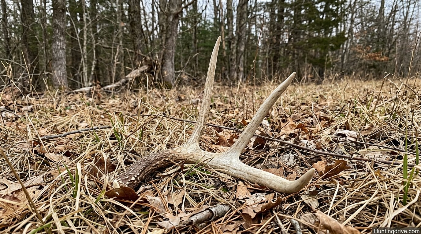 Single whitetail shed antler resting in dead grass and leaf litter at the edge of a woodlot