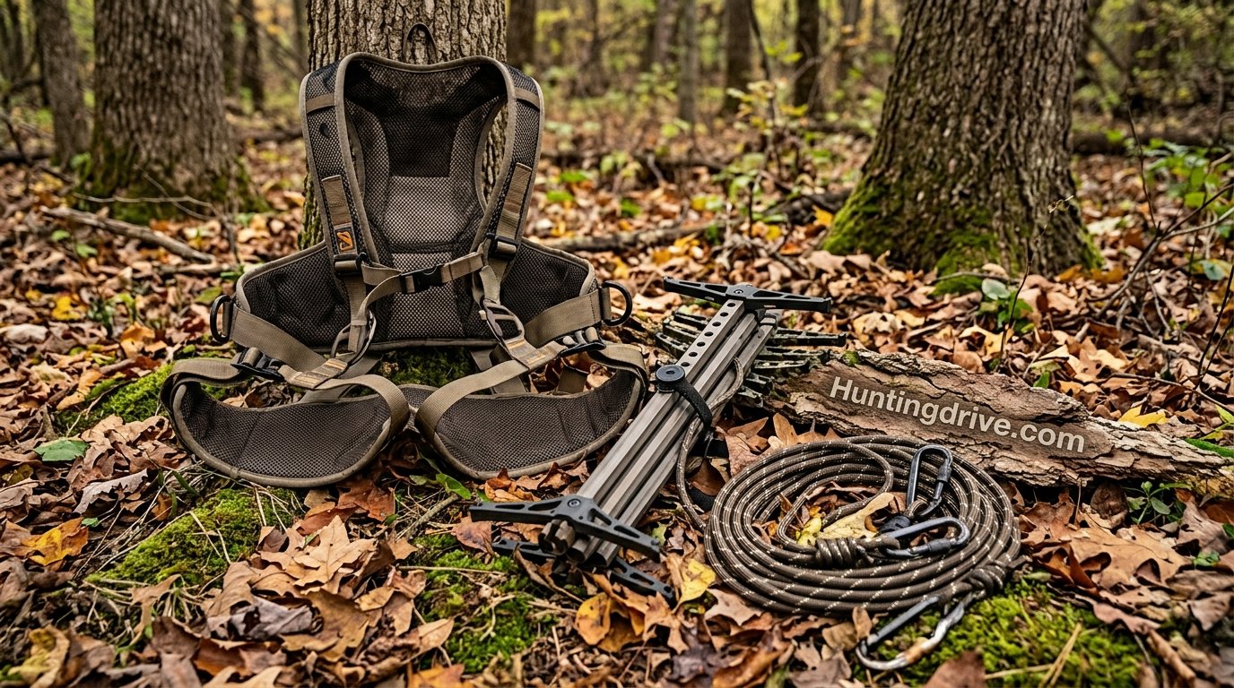 Tree saddle, climbing sticks, and a lineman's rope laid out on the forest floor before a hunt
