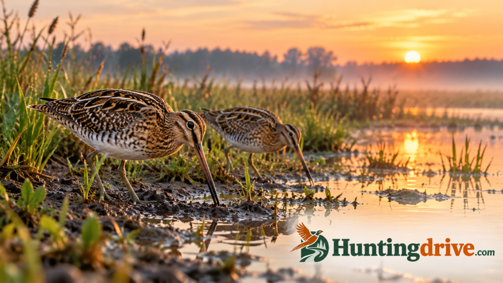 Wetland meadow at dawn where Wilsons snipe feed along the muddy edge