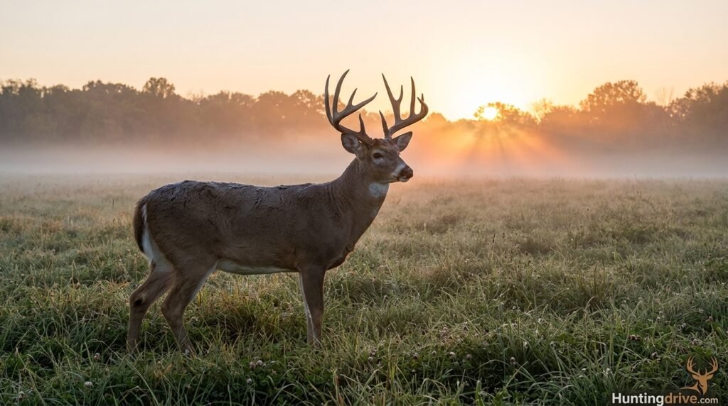Whitetail buck standing in a misty field at sunrise during deer season