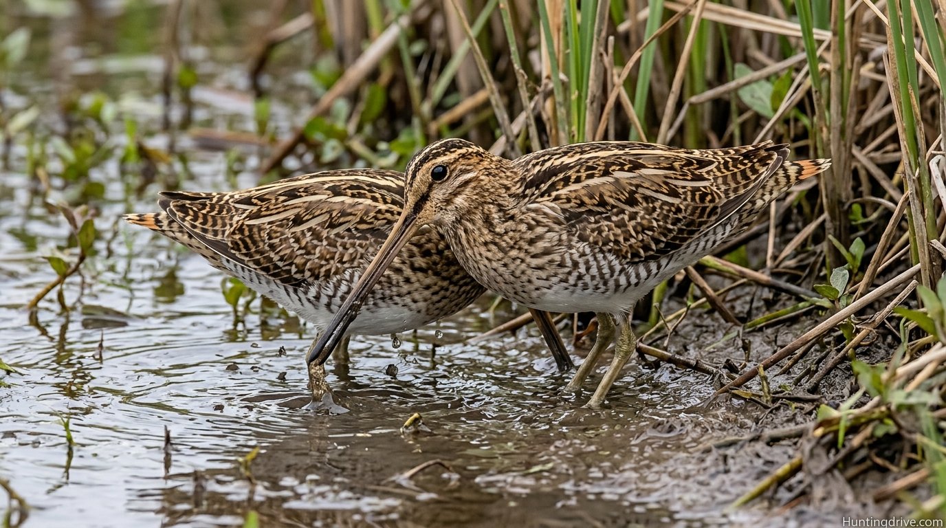 Wilson's snipe standing in shallow marsh water with its long bill probing the mud